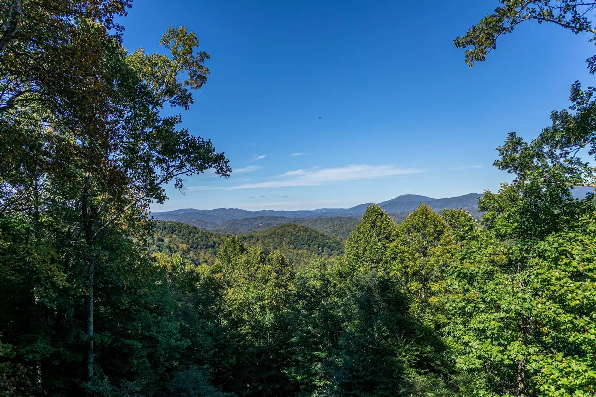 A breathtaking view of the Blue Ridge mountain range under a blue sky, highlighting the natural beauty and adventure available just beyond the lodge. The tree canopy and expansive sky suggest endless opportunities for hiking and exploration.